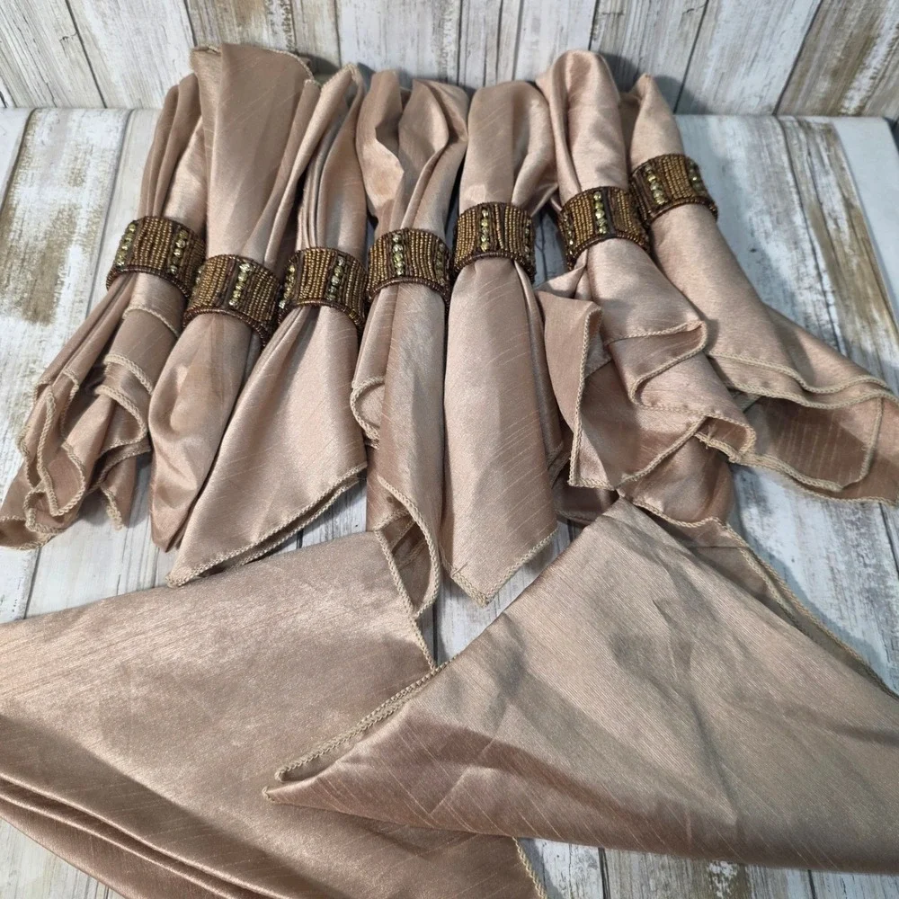 Champagne Cloth Napkins with Bronze Beaded Napkin Rings Formal Dining Set